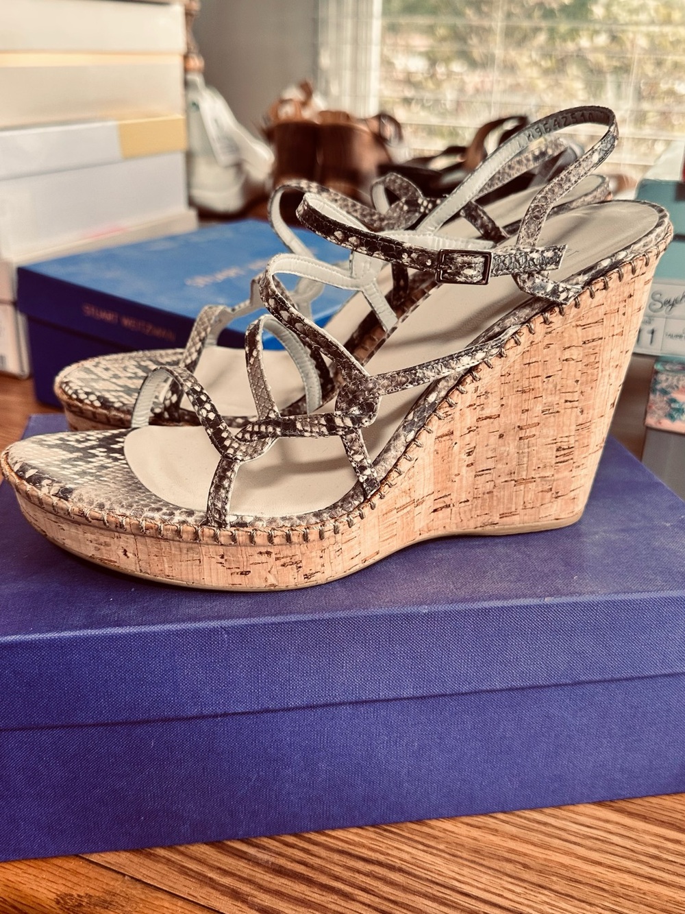 Stuart Weitzman 4” Cork Wedge Platform, Reptile Print 11M Strappy Leather Sandal